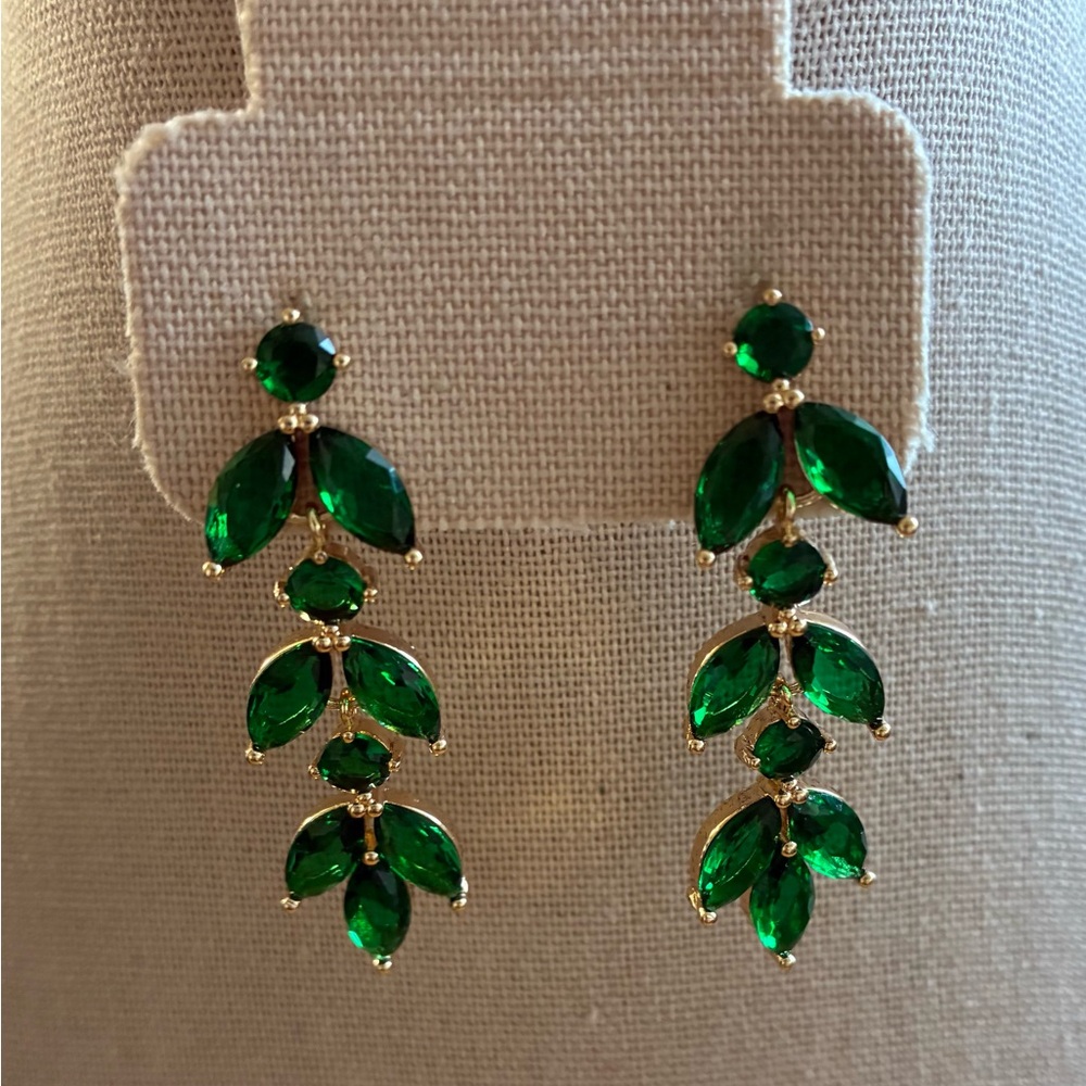 Gold-Tone Emerald Green Crystal Leaf Drop Earrings - Elegant Dangle
